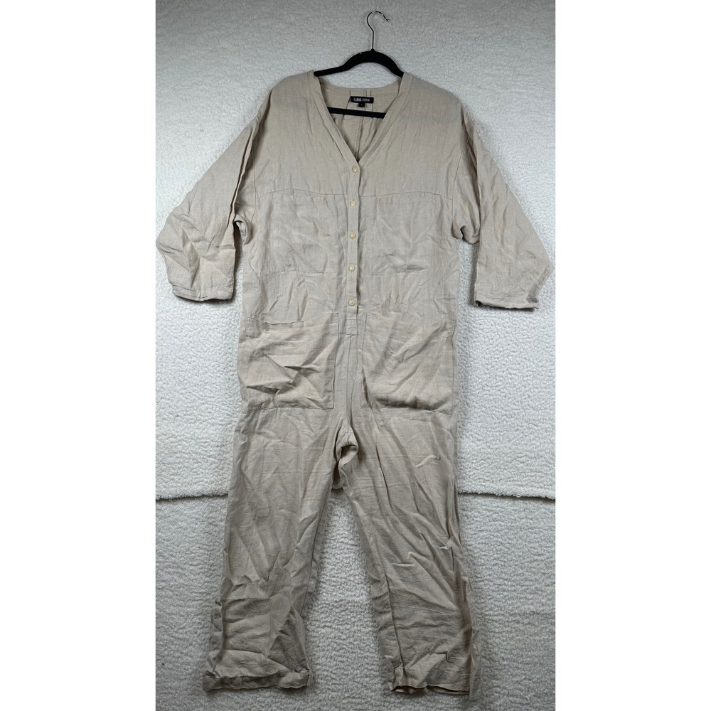 Ilana Kohn Linen Jumpsuit Womens V-Neck Button Front Pockets S Beige Lagenlook